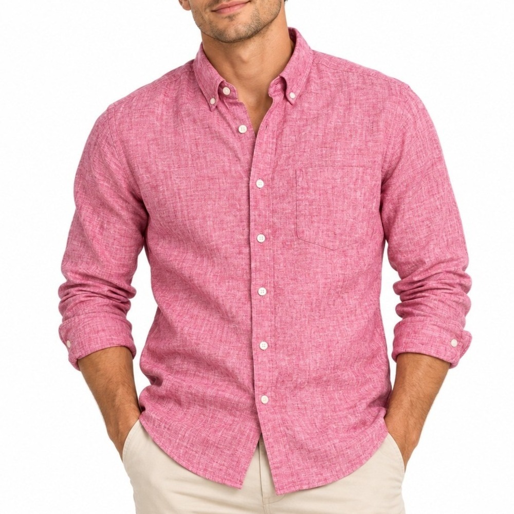 J Crew 100% Linen Shirt Mens M Red Pink Slim Fit Button Down Casual Lightweight